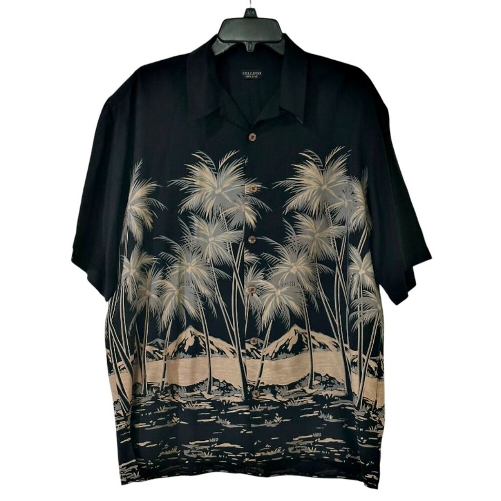 Cellinni Mens Silk Hawaiian Shirt Size L Black Tan Palm Trees Short Sleeve Party